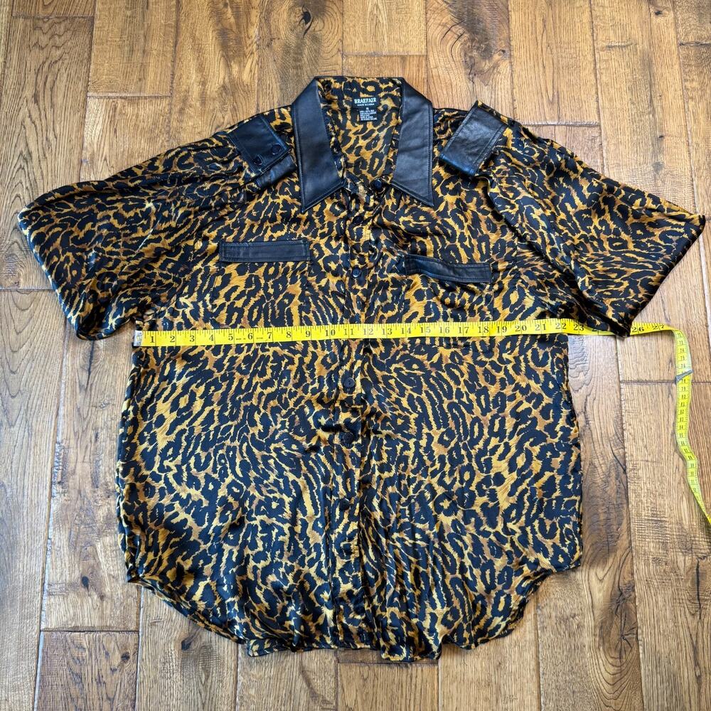 VTG Braefair 100% Silk Leopard Print Blouse Leather Trim Long Sleeves Womens 16 - Picture 4 of 5